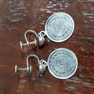 ALPACA 925 SILVER MAYAN AZTEC CALENDAR DISK EARRINGS SCREW BACKS TRIBAL STAMPED